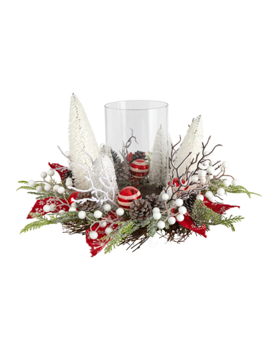Nearly Natural Holiday Lighted Forest Candle Holder Table Christmas Artificial Arrangement, 15" In Red,white,green