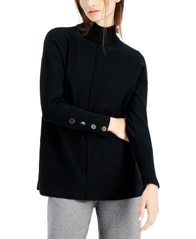 Anne Klein Petite Button-trim Mock-neck Sweater In Anne Black