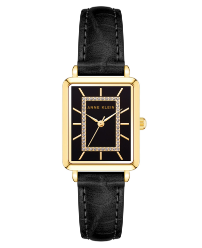 Anne Klein Women's Watch In Black Faux Leather With Gold-tone Lugs, 24x36.3mm