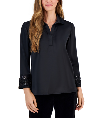 Anne Klein Women's Embellished-sleeve Collared Blouse In Anne Black