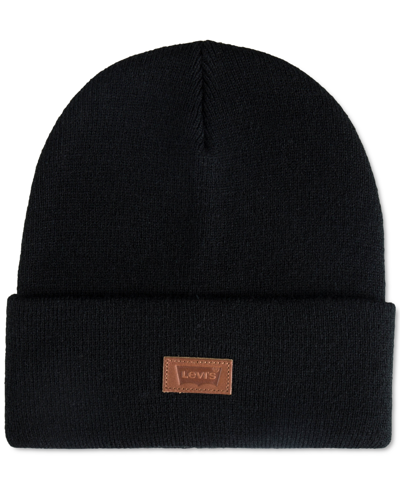 Levi's All Season Comfy Leather Logo Patch Hero Beanie In Black,tan
