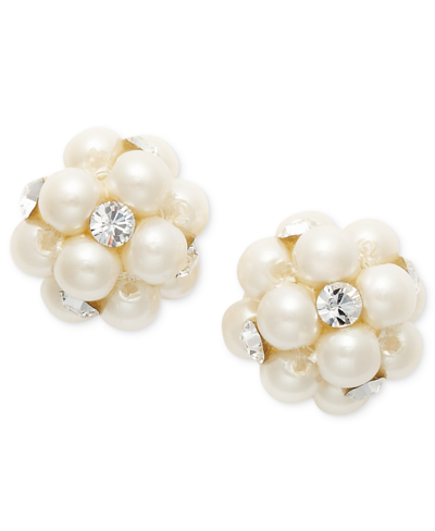 Charter Club Imitation Pearl And Crystal Cluster Earrings, Created For Macy's In White,gold
