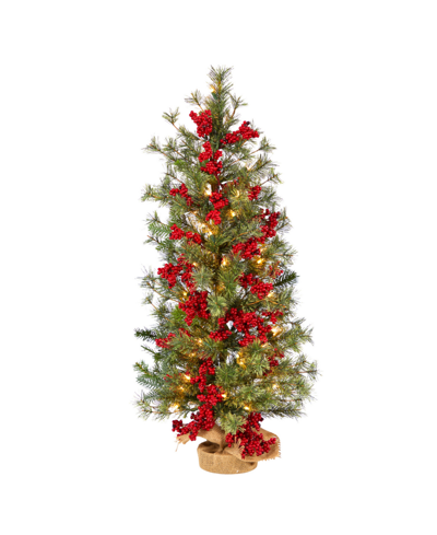 Nearly Natural Berry And Pine Artificial Christmas Tree With 50 Warm Lights And Burlap Wrapped Base, 3' In Green,red