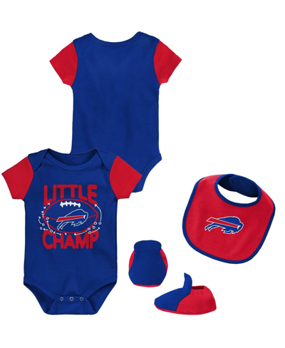 OUTERSTUFF NEWBORN AND INFANT BOYS AND GIRLS ROYAL, RED BUFFALO BILLS LITTLE CHAMP THREE-PIECE BODYSUIT BIB AND