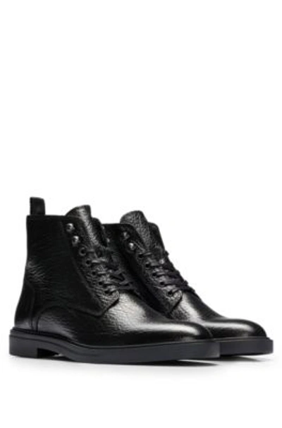 Hugo Boss Lace-up Half Boots In Grained Leather With Zip In Black