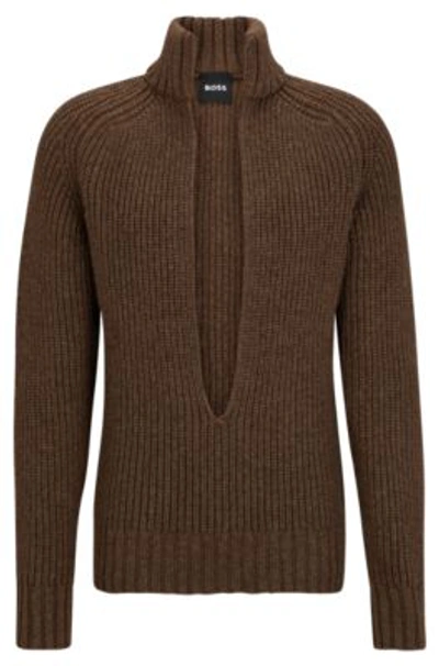 Hugo Boss Relaxed-fit V-neck Sweater In A Wool And Silk Blend In Brown