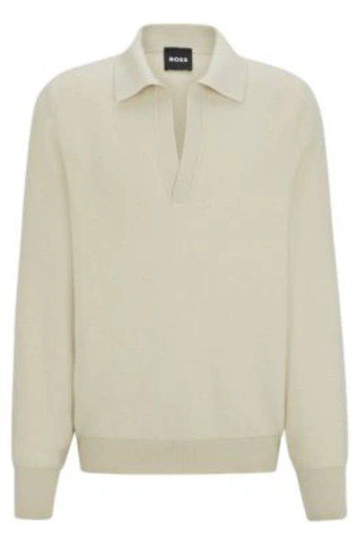 Hugo Boss Relaxed-fit Virgin-wool Sweater With Polo Collar In Light Beige