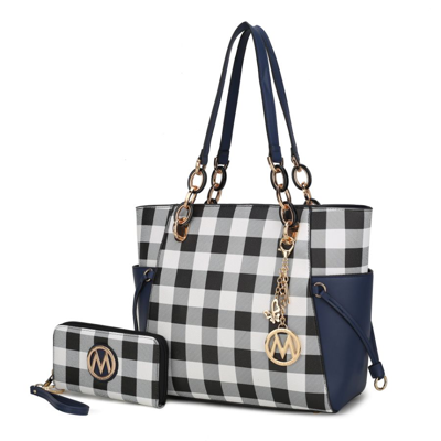 Mkf Collection By Mia K Yale Checkered Tote Handbag With Wallet In Blue