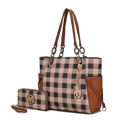 Mkf Collection By Mia K Yale Checkered Tote Handbag With Wallet In Brown