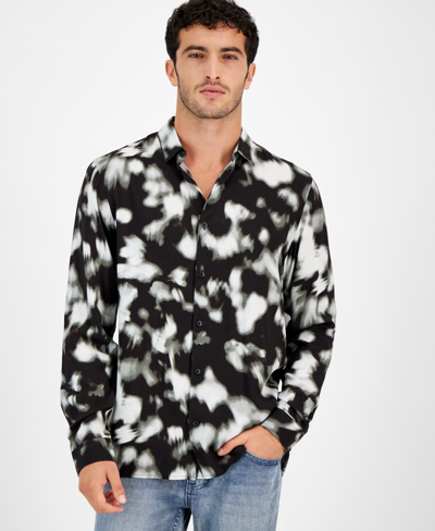 Inc International Concepts Men's Ethereal Long Sleeve Button-front Camp Shirt, Created For Macy's In Deep Black