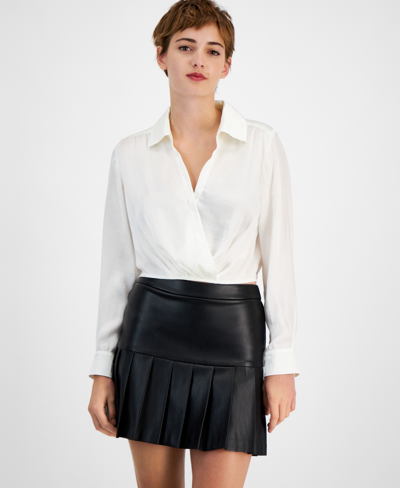 Bar Iii Women's Collared Surplice-neck Cropped Shirt, Created For Macy's In Winter Ivory