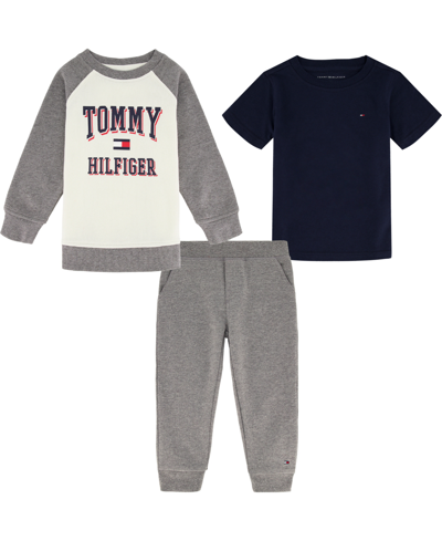 Tommy Hilfiger Baby Boys Basic T-shirt, Fleece Raglan Logo Crewneck And Joggers, 3 Piece Set In Gray