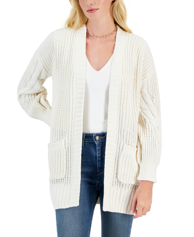 Hippie Rose Juniors' Cozy Chenille Cable-knit Cardigan Sweater In Blizzard White