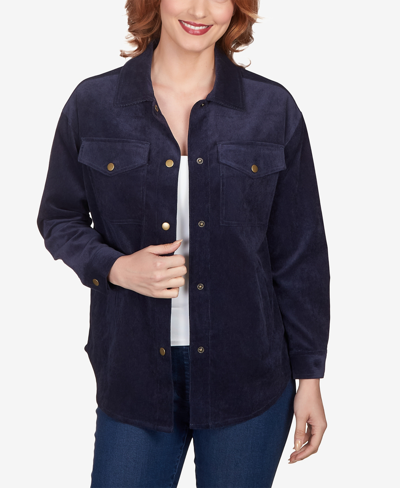 Ruby Rd. Petite Button Up Solid Corduroy Shacket In Navy
