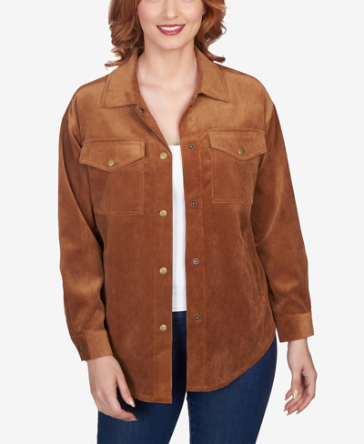 Ruby Rd. Petite Button Up Solid Corduroy Shacket In Chestnut