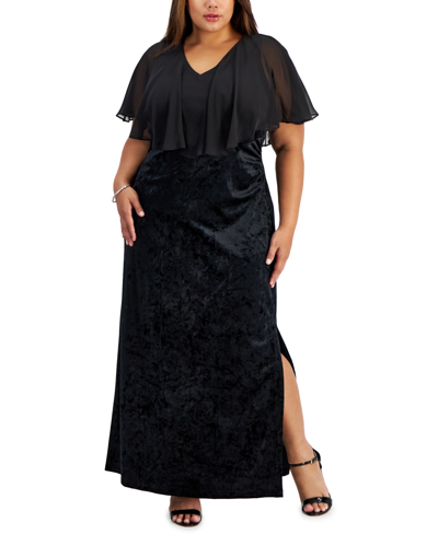 Connected Plus Size V-neck Velvet Side-slit Cape Dress In Black