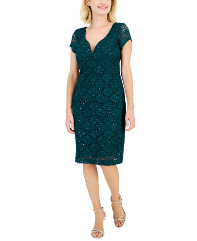 Connected Petite V-neck Short-sleeve Lace Sheath Dress In Hunter
