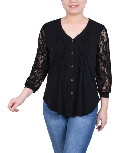 Ny Collection Petite 3/4 Lace-sleeve Knit Top In Black
