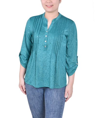 Ny Collection Women's 3/4 Sleeve Roll Tab Y Neck Top In Emerald