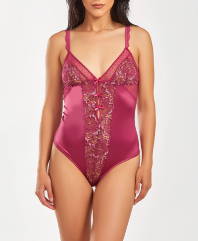 Icollection Women's 1 Piece Stretch Satin And Lace Lingerie Bodysuit In Wine
