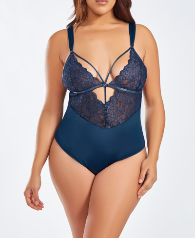 Icollection Plus Size Bristle Lace And Spandex Bodysuit In Blue