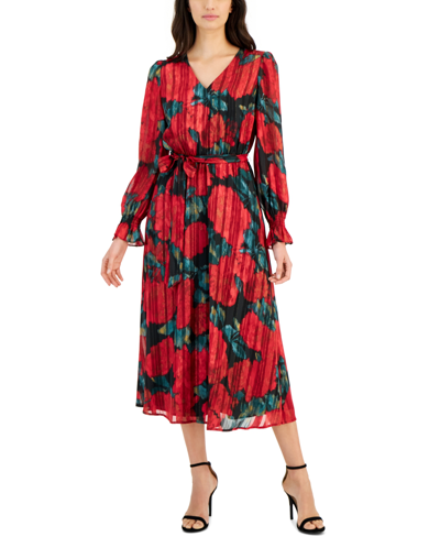 Anne Klein Floral Pleated Long Sleeve Dress In Red