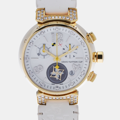 Pre-owned Louis Vuitton White Shell 18k Yellow Gold Tambour Q132l Quartz Women's Wristwatch 34 Mm