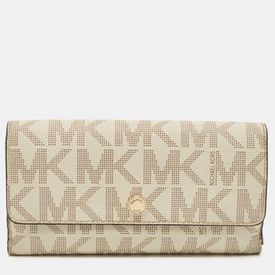 Pre-owned Michael Kors Off White Signature Coated Canvas Flap Continental Wallet