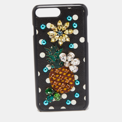 Pre-owned Dolce & Gabbana Black Polkadot Crystal Embellished Leather Iphone 7 Plus Case
