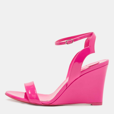 Pre-owned Christian Louboutin Pink Patent Leather Zeppa Chick 85 Wedge Ankle Strap Sandals Size 38