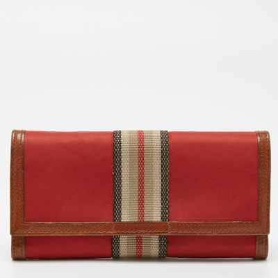 Pre-owned Burberry Red/brown Nylon And Leather Stripe Flap Continental Wallet