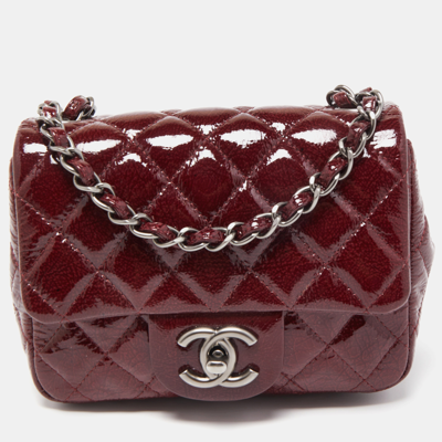Pre-owned Chanel Red Quilted Patent Leather Mini Square Classic Flap Bag