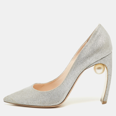 Pre-owned Nicholas Kirkwood Silver Glitter Lace Pearl Embellished Pointed Toe Pumps Size 40