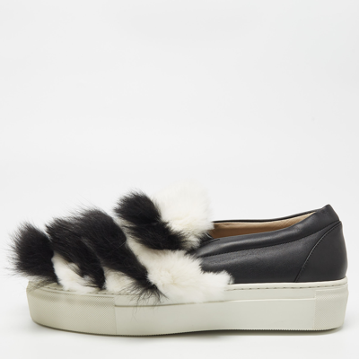 Pre-owned Le Silla Black/white Leather And Fur Slip On Sneakers Size 40