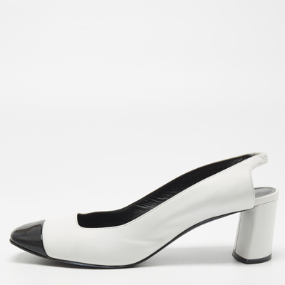 Pre-owned Casadei White/black Leather And Patent Square Cap Toe Slingback Pumps Size 37