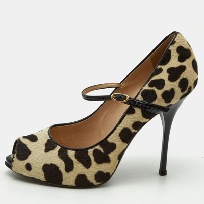Pre-owned Giuseppe Zanotti Beige/brown Leopard Print Calfhair And Patent Leather Peep Toe Pumps Size 37.5