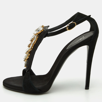 Pre-owned Giuseppe Zanotti Black Suede Crystal Embellished Ankle Strap Sandals Size 38