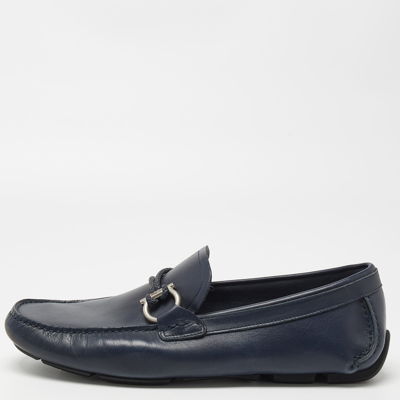 Pre-owned Ferragamo Navy Blue Leather Slip On Loafers Size 42.5