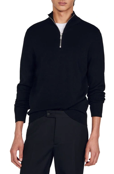Sandro Wool Blend Ribbed Knit Quarter Zip Mock Neck Sweater In Black