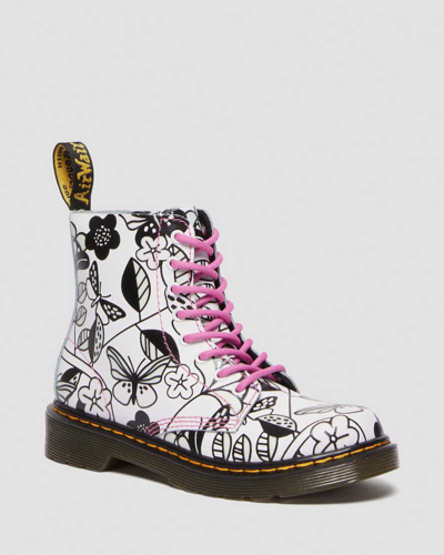 Dr. Martens' Junior 1460 Meadow Print Leather Lace Up Boots In White,black,pink