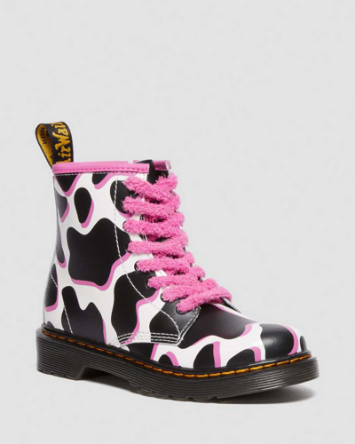 Dr. Martens' Junior 1460 Cow Print Patent Leather Lace Up Boots In White,black,pink