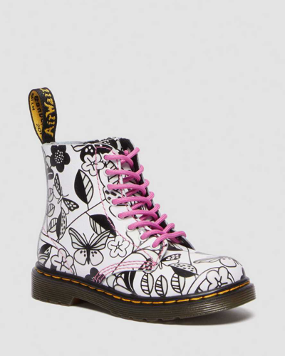 Dr. Martens' Toddler 1460 Meadow Print Leather Lace Up Boots In White,black,pink