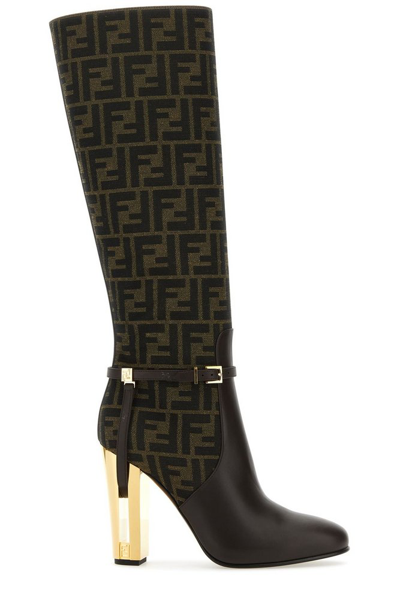 Fendi Women's Ff 105mm Leather Traced Heel Tall Boots In Tabacco