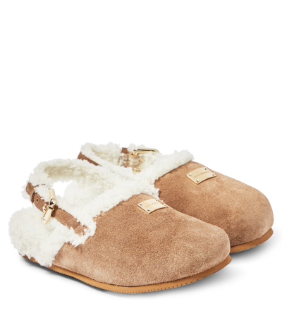 Dolce & Gabbana Kids' Suede And Faux Fur Mules In Brown