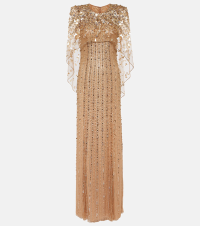 Jenny Packham Nettie Cape-effect Embellished Sequined Tulle Gown In Gold