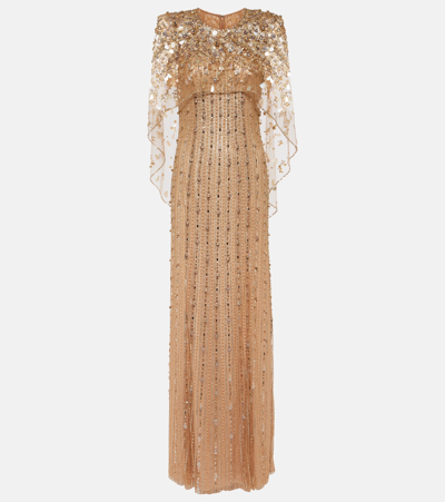Jenny Packham Nettie Cape-effect Embellished Sequined Tulle Gown In Beige