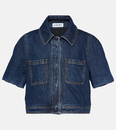 Loewe Cropped Leather-trimmed Denim Jacket In Blue