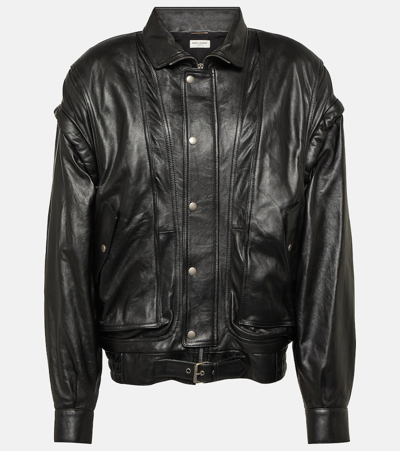 Saint Laurent Leather Bomber Jacket In Black  