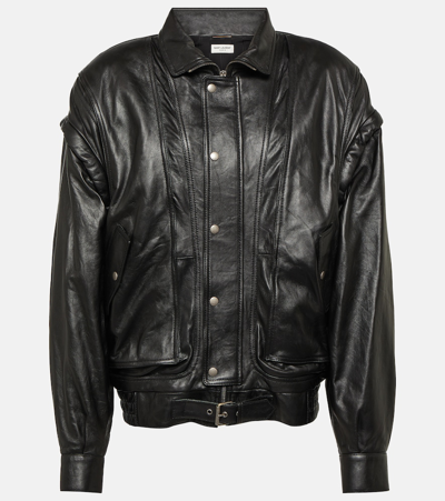 Saint Laurent Leather Bomber Jacket In Black