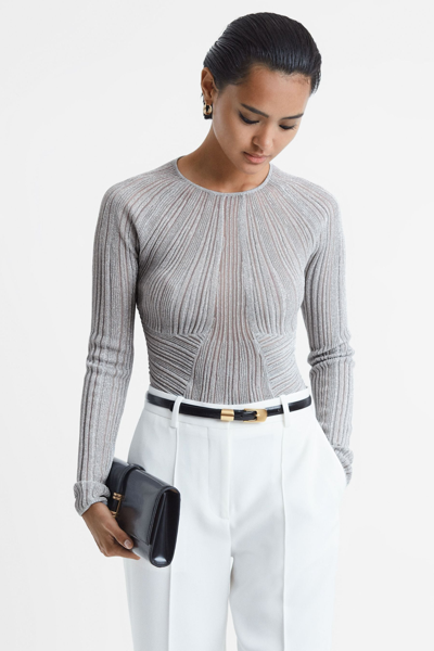 Reiss Isobel - Silver Metallic Sheer Striped Top, S